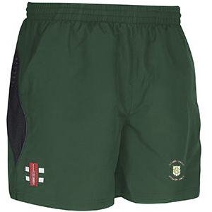 Green Moor CC Storm shorts with embroidered badge and initials